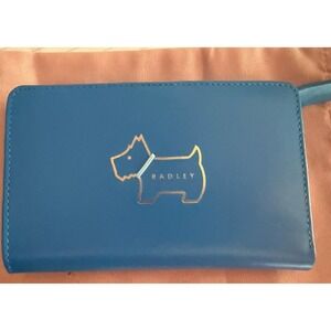 New Radley London Wallet Dog Blue Polka Dot Medium Billfold Card Zip Up Classic